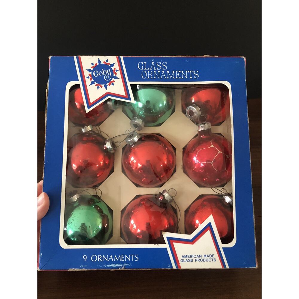 Vintage Goby Glass Christmas Ornaments Set Of 9 Green Red Made In USA